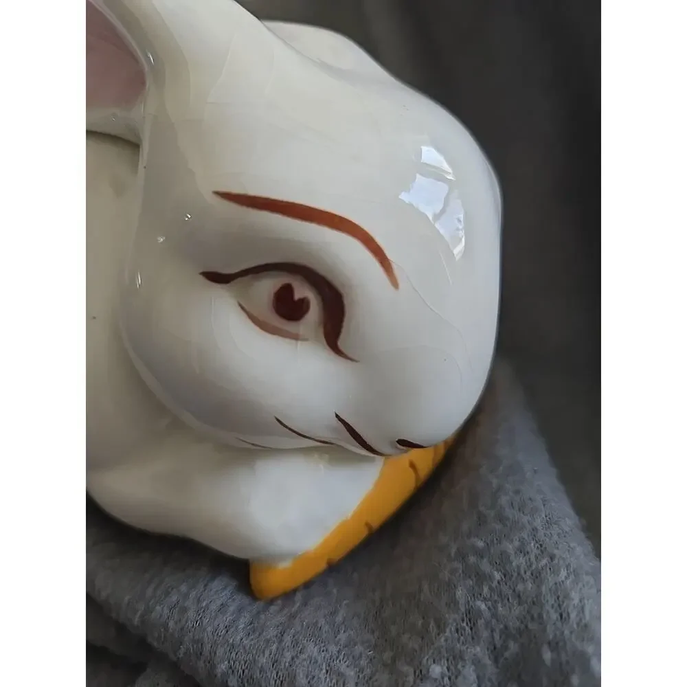 Vintage White Bunny Rabbit Eating a Carrot Figurine-1968-Hand Crafted-Signed